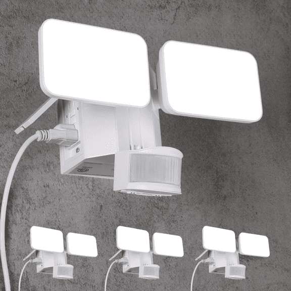 4 Pack LED Flood Light with GFCI Outlets, Motion Sensor & Dusk to Dawn Security Lamp Outdoor, Adjustable 2-Head, 5000K Daylight, White