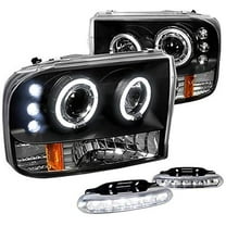 Dual LED Halo Projector Headlight In Black Housing Clear Lens With 6 LED DRL Fog Light Made For And Compatible With 1999 - 2004 Ford F250 F350 F450 F550 Excursion 99 00 01 02 03 04
