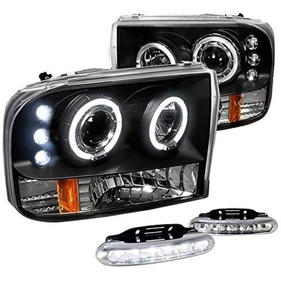 Dual LED Halo Projector Headlight In Black Housing Clear Lens With 6 LED DRL Fog Light Made For And Compatible With 1999 - 2004 Ford F250 F350 F450 F550 Excursion 99 00 01 02 03 04