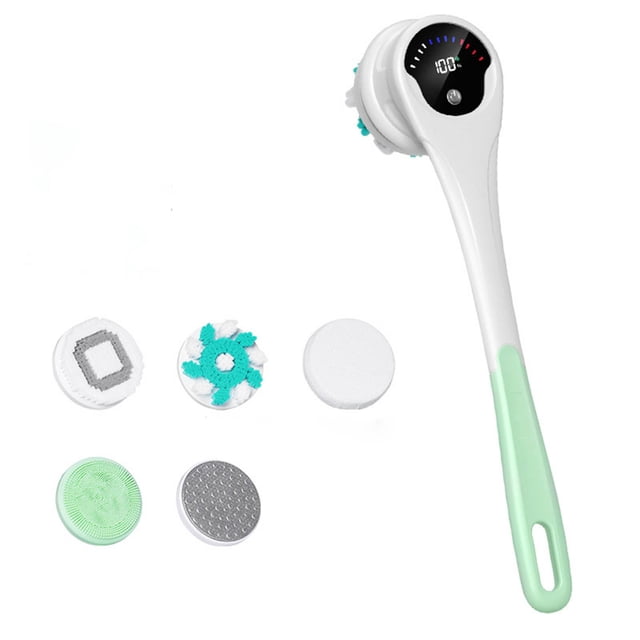 Shldybc Rechargeable Back for Shower with Long Double Handle 5 Brush Heads Waterproof Rotating Shower Brush for Deep Cleansing Exfoliating Massaging Household Essentials