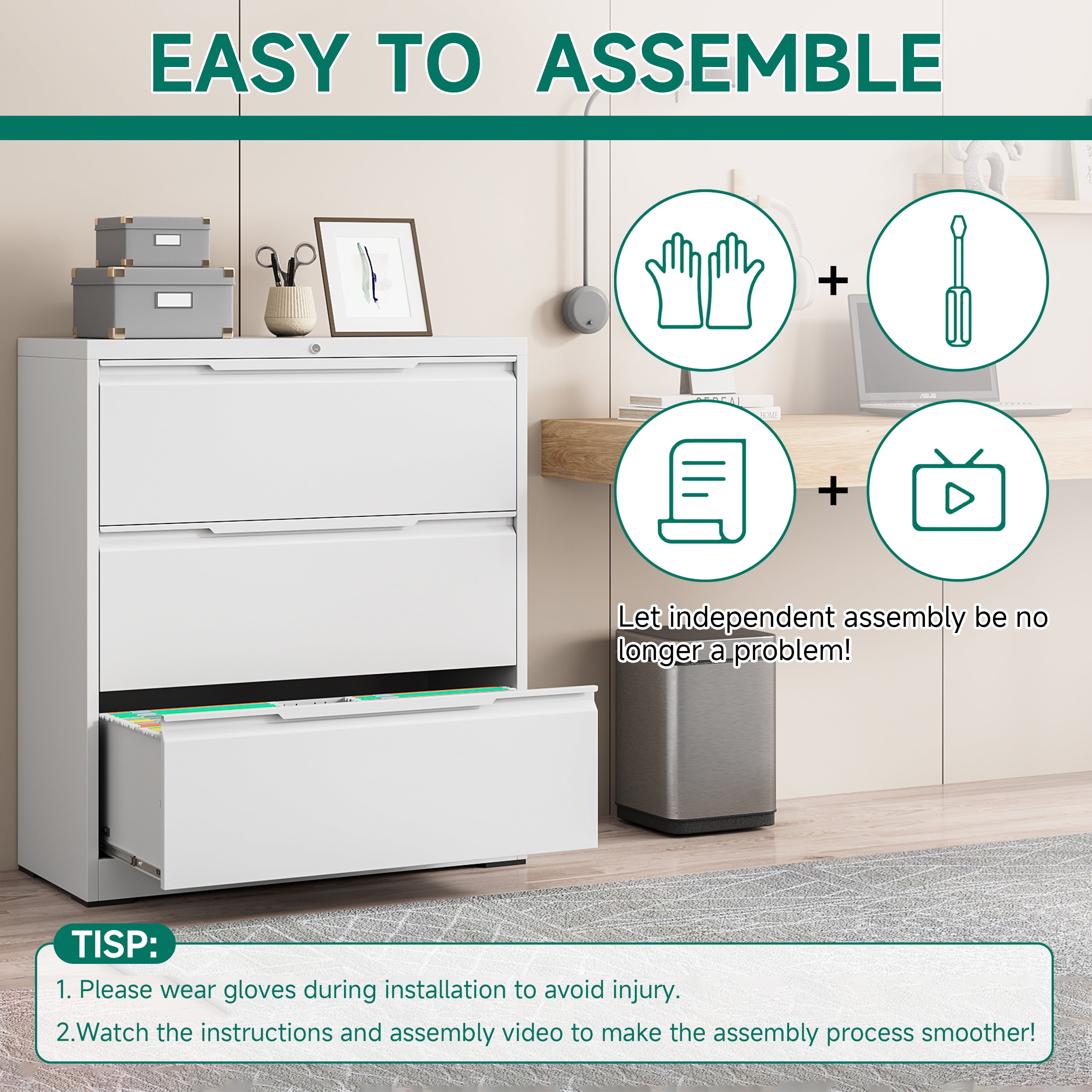 Kooyon 3 Drawer White Lateral File Cabinet with Lock, Metal Filing Cabinet for Home Office, Fits Letter/Legal/A4-Assembly Required