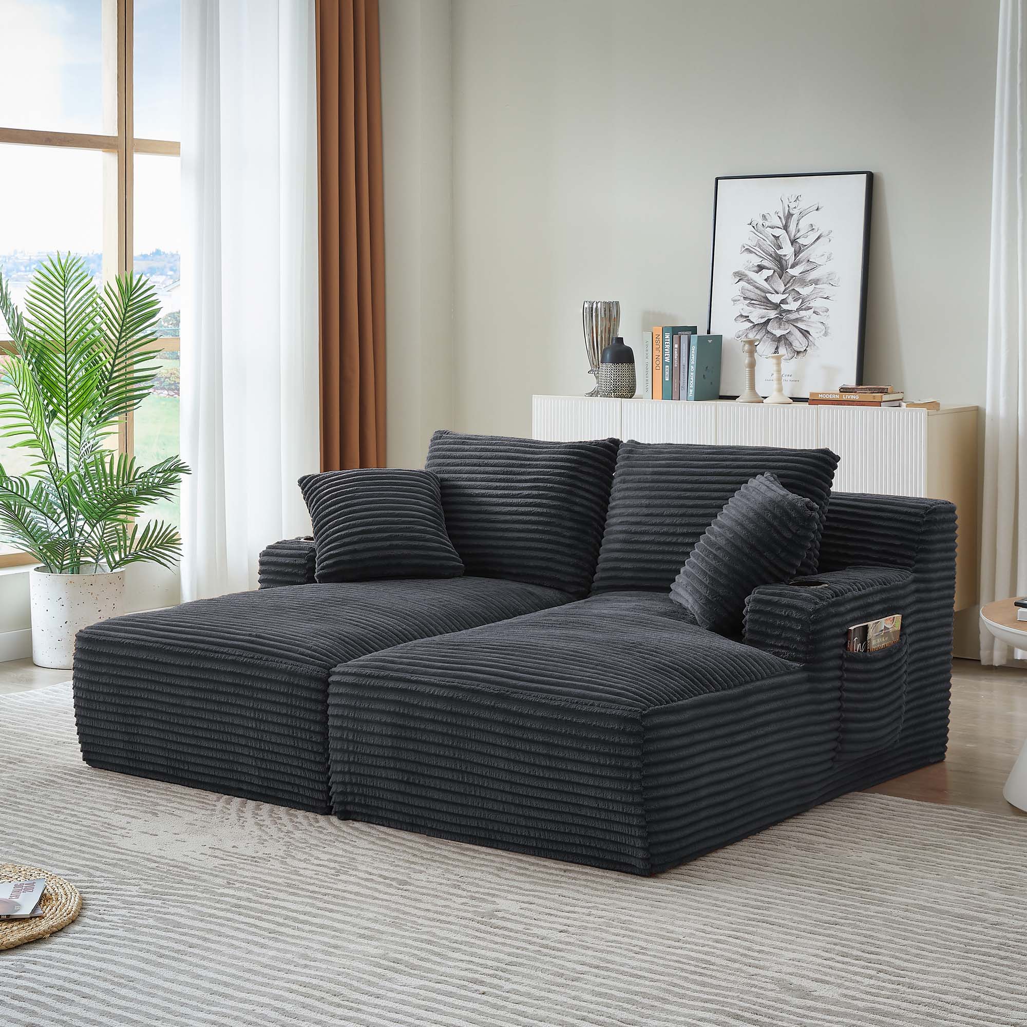 Miniyam Dark Grey Compressible Double Chaise Lounge with Cupholders - No Assembly Required, Fluffy Modern Sleeper Loveseat for Indoor Living Room Bedroom