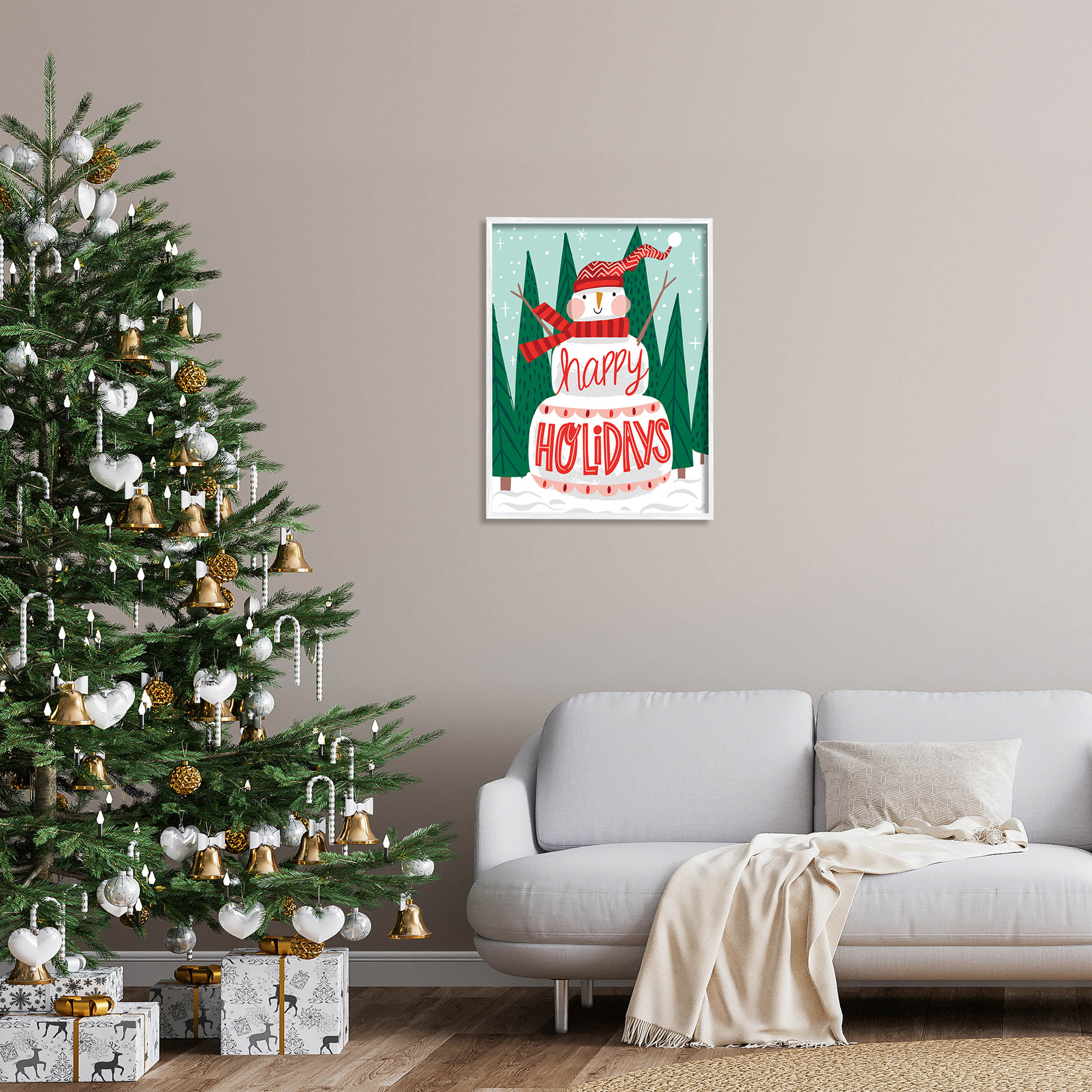 Happy Holidays Happy Snowman Holiday Graphic Art White Framed Art Print Wall Art