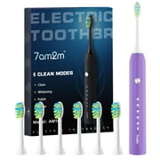 7AM2M Sonic Electric Toothbrush for Adults and Kids, One Charge for 90 Days, with 6 Brush Heads, 5 Modes with 2 Minutes Build in Smart Timer, Roman Column Handle Design,Purple