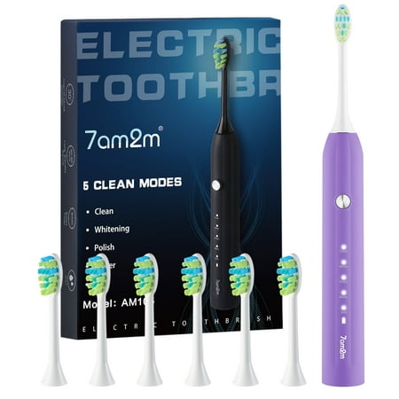7AM2M Sonic Electric Toothbrush for Adults and Kids, One Charge for 90 Days, with 6 Brush Heads, 5 Modes with 2 Minutes Build in Smart Timer, Roman Column Handle Design,Purple