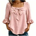 thumbnail image 3 of ZVAVZ Womens Bow Tie Square Neck Blouses Ruffle 3/4 Sleeve T-shirts Cotton Fashion Going Out Dressy Tee Shirts Pink XXL, 3 of 6