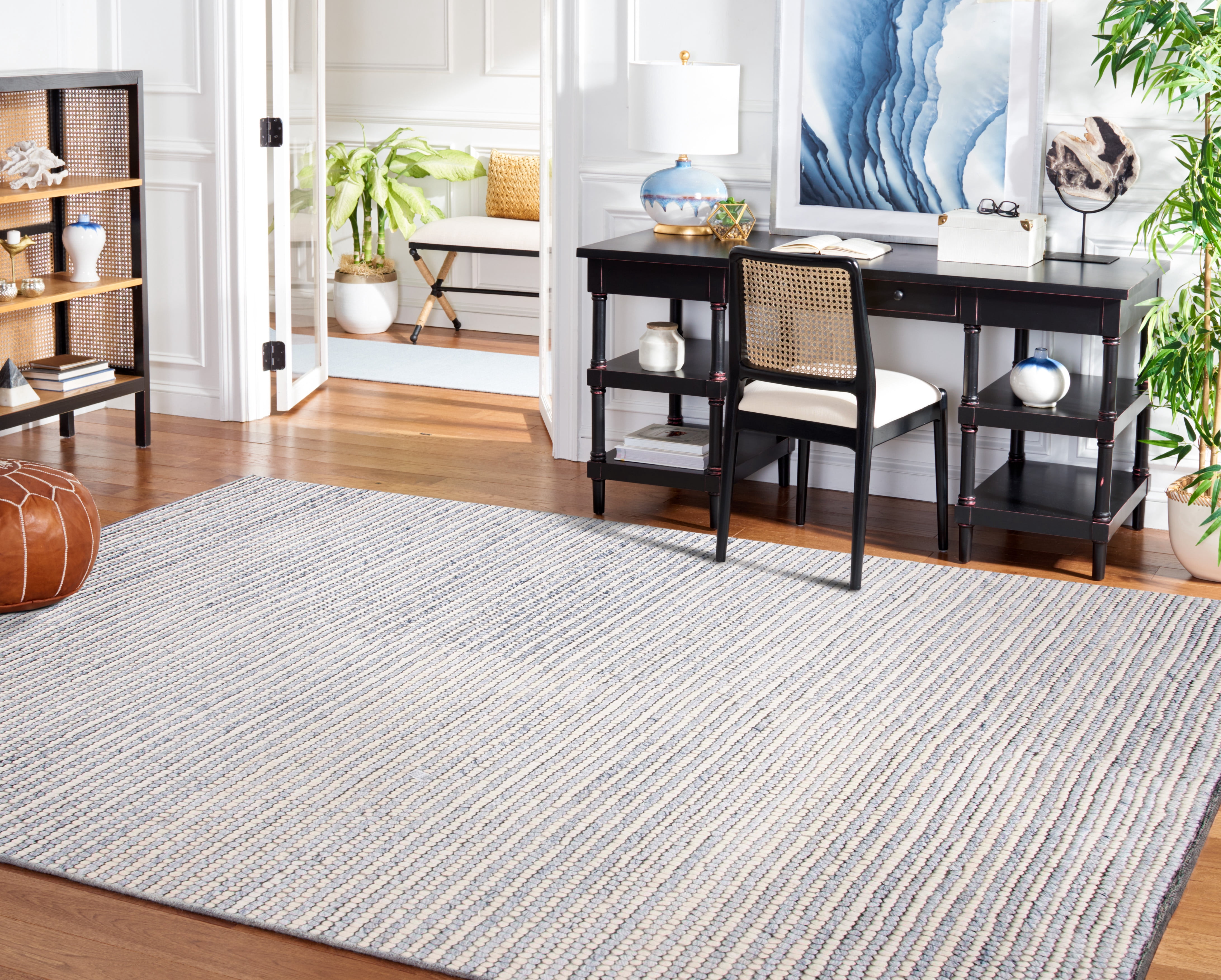 SAFAVIEH Natura Fredrick Striped Area Rug, Ivory/Blue, 4' x 4' Square
