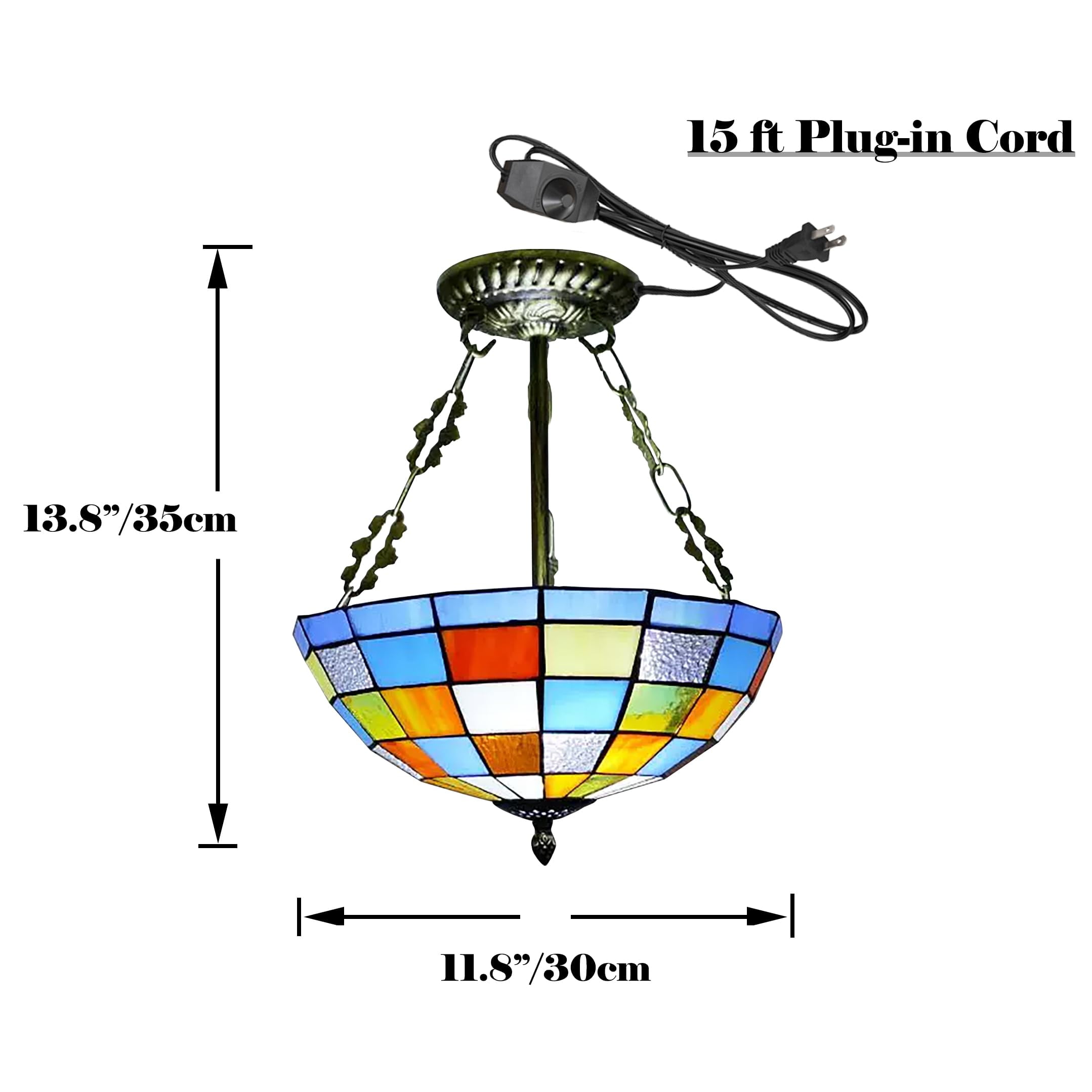 Kiven 11.8in Flush Mount Ceiling Light Fixture Dimmable, 2-Light Anti Glare Close to Ceiling Light with 15FT Plug-in Cord, Tiffany-Style Glass Chandelier for Bedroom Kitchen Hallway(No.3225)