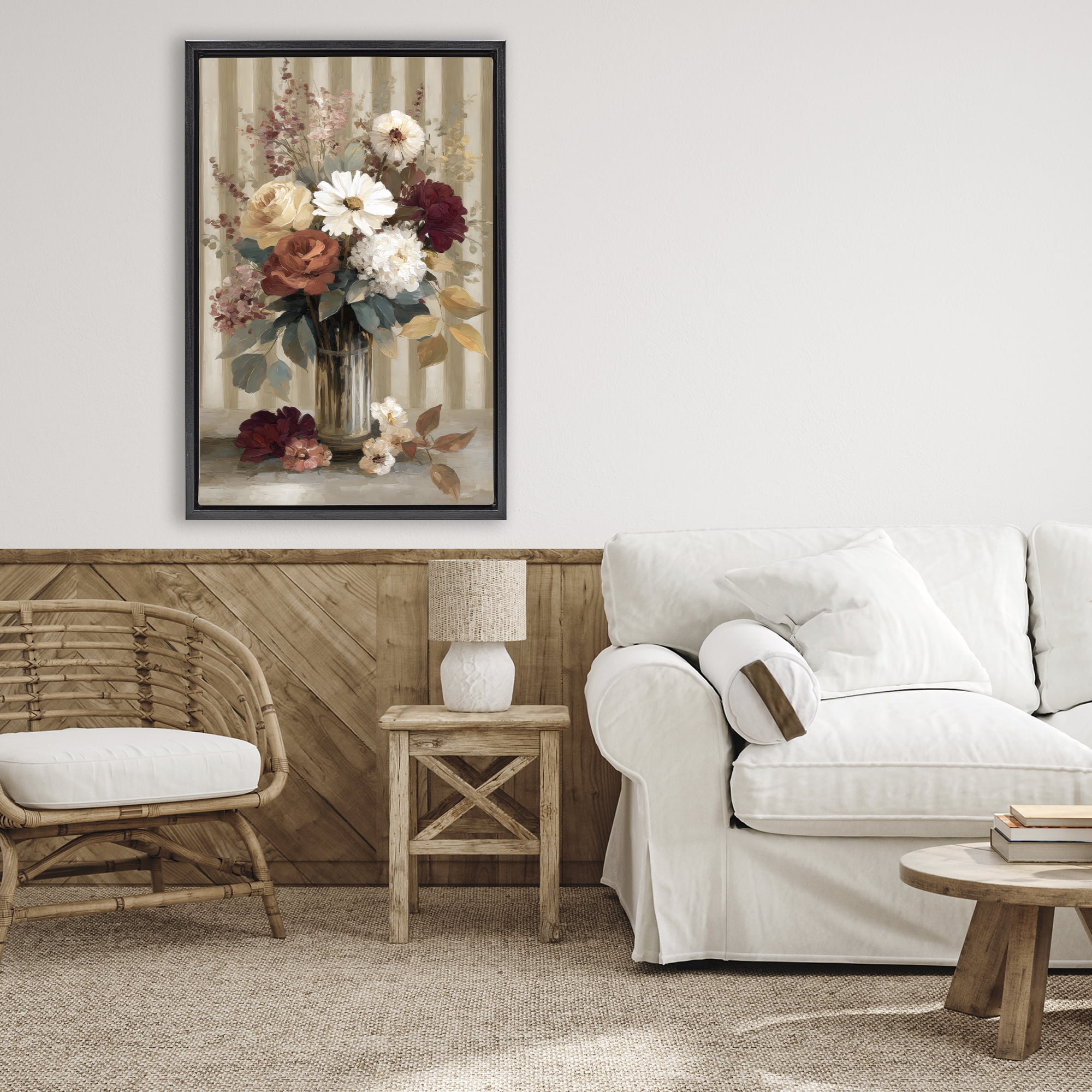 Stupell Industries Vintage Arrangement with Stripes Black Framed Floater Canvas Wall Art, design by Petal Prints Design