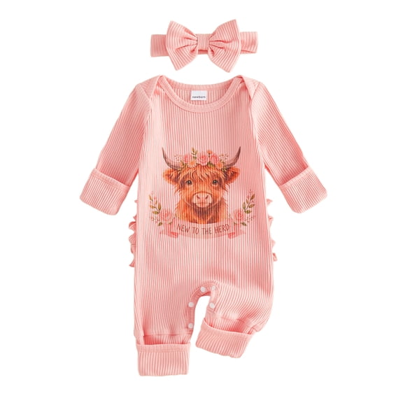 Cenuakty Baby Girls Fall Romper Highland Cow Print Long Sleeve Round Neck Ribbed Jumpsuit with Bow Headband
