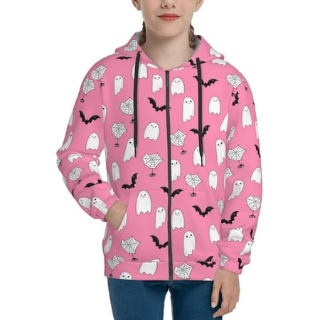 

Hoodies for Women pink ghost halloween Long Sleeve Sweatshirt Drawstring Zip Up Hoodie with Pockets Teen Girl Clothes