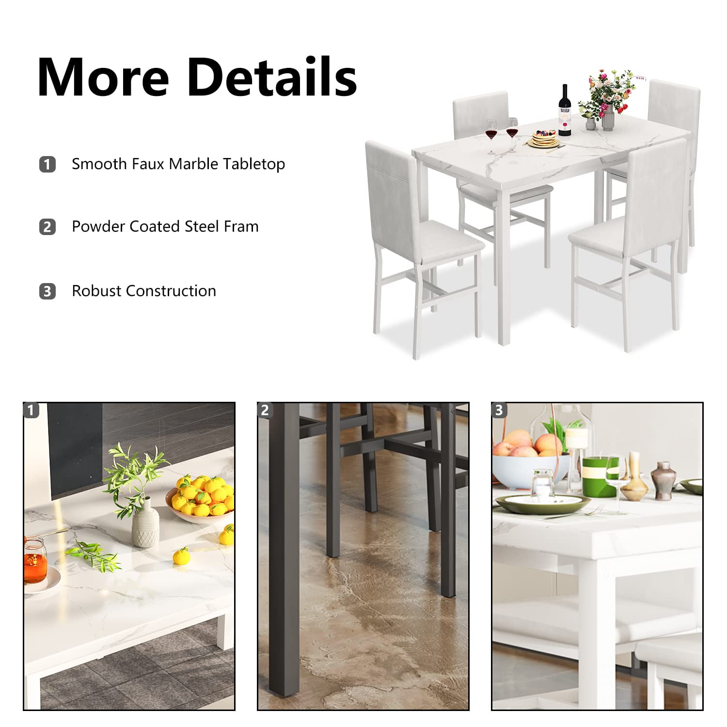 LinkRomat Dining Table Set for 4, Faux Marble Kitchen Table Set with 4 Leather Upholstered Chairs, 5 Piece Modern Dinette for Dining Room