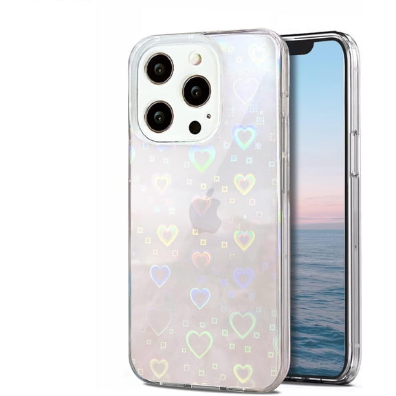 Compatible with iPhone 13 Pro Clear Case Glitter Laser Love Heart Cases for Women Girls Ultra Slim Shockproof Anti-Yellowing Hard Back Protective Cover Case 6.1 Inch (2021), Crystal Clear