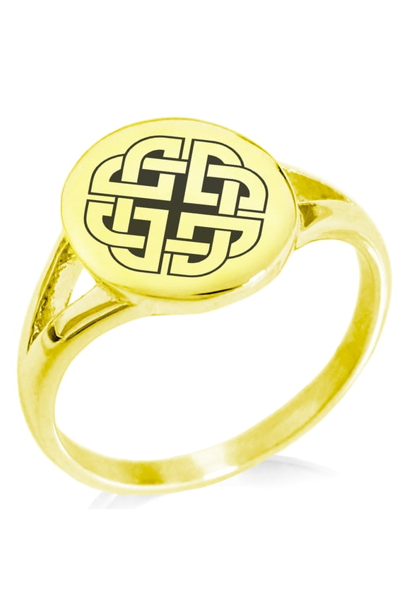 Stainless Steel Celtic Quaternary Knot Rune Minimalist Oval Top Polished Statement Signet Ring