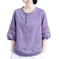 thumbnail image 2 of fatyb Plus Size Linen Shirts Embroidery Short Sleeve Button up Vintage Tops Casual Boho Blouses for Women, 2 of 7