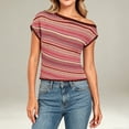 thumbnail image 2 of CAIXIA Off the Shoulder Tops for Women Short Sleeve Striped Shirt Slim Fit Hollow Out Crop Tops Summer Y2K Crochet Top, 2 of 5