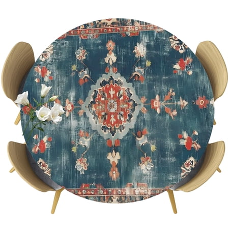 Middle Century Round Tablecloth 36-44 Inch Round Fitted Table Cloth with Elastic Edge Vintage Bohemia Abstract Texture Art Blue Waterproof Table Cover Protector for Outdoor Picnic Party Dining