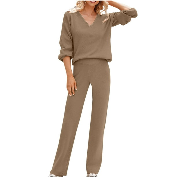 Women's 2 Piece Outfits Casual Loose V Neck Long Sleeve Pullover Sweater  Top Wide Leg Pants Knit Lounge Set Sweatsuit