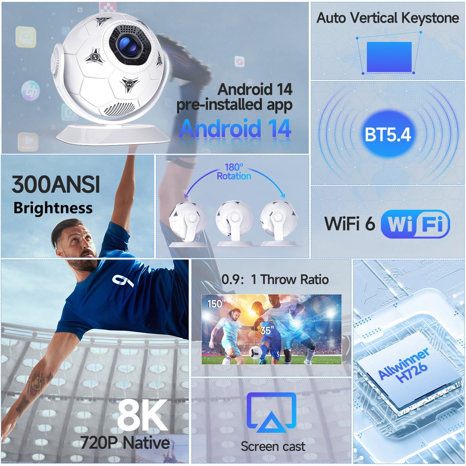 Magcubic Smart Projector 8K Support 300 ANSI Lumens with WiFi6 & BT5.4, Auto Vertical Keystone, Android 14 Pre-Installed Apps, Mini Projector for Sports Viewing, Perfect Gift for Soccer Fans HY300F