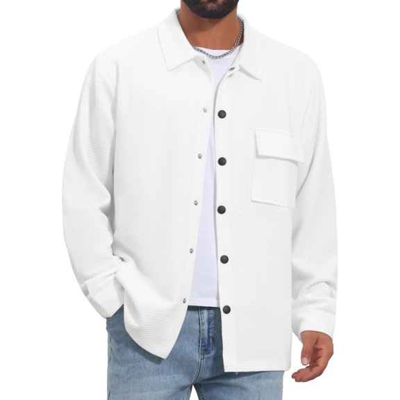 Men's Vintage Casual Button Down Chest Pocket Jacquard Knit Shirt Jacket M White