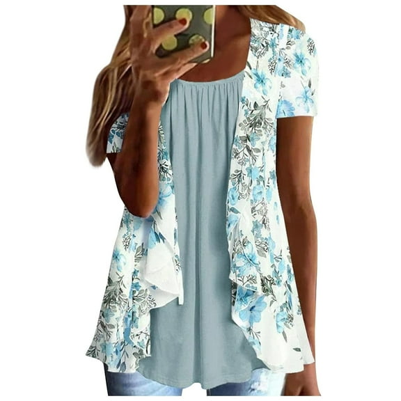 LEAVINGSUO Blouses for Women $5 Ladies Tops Womens Summer Casual Printing Round Neck Short Sleeve Tops Loose Blouses