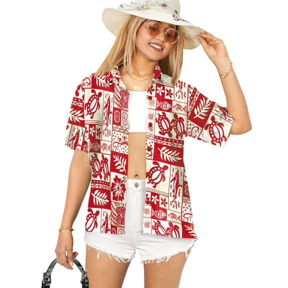 HAPPY BAY Hawaiian Shirts Womens Summer Beach Party Short Sleeve Blouse Shirt Tops Blouses Button up Dress Shirts Dresses for Women XL Aloha Turtle, Red