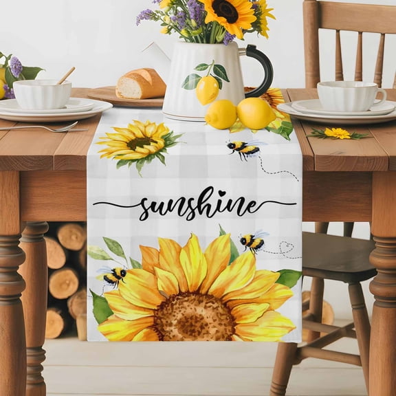 Burlap Table Runner 36 Inches Long, Watercolor Sunflowers Bees Non-Slip Kitchen Table Runners for Dining Room Everyday Use Party Table Decorations Sunshine Words on Plaid