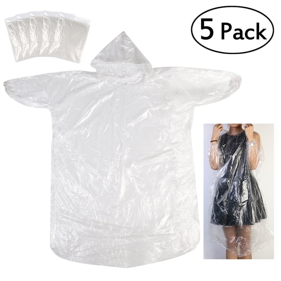 LABSERRON 5-Pack Rain Ponchos for Men and Women, Clear PE Raincoats, One Size Fits All, Lightweight and