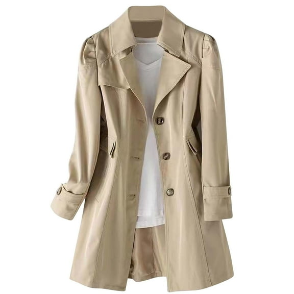 hoksml Women's Trench Coat Solid Color Notched Lapel Long Sleeve Button Pocket Casual Fall Jacket Mid-Length Outerwear