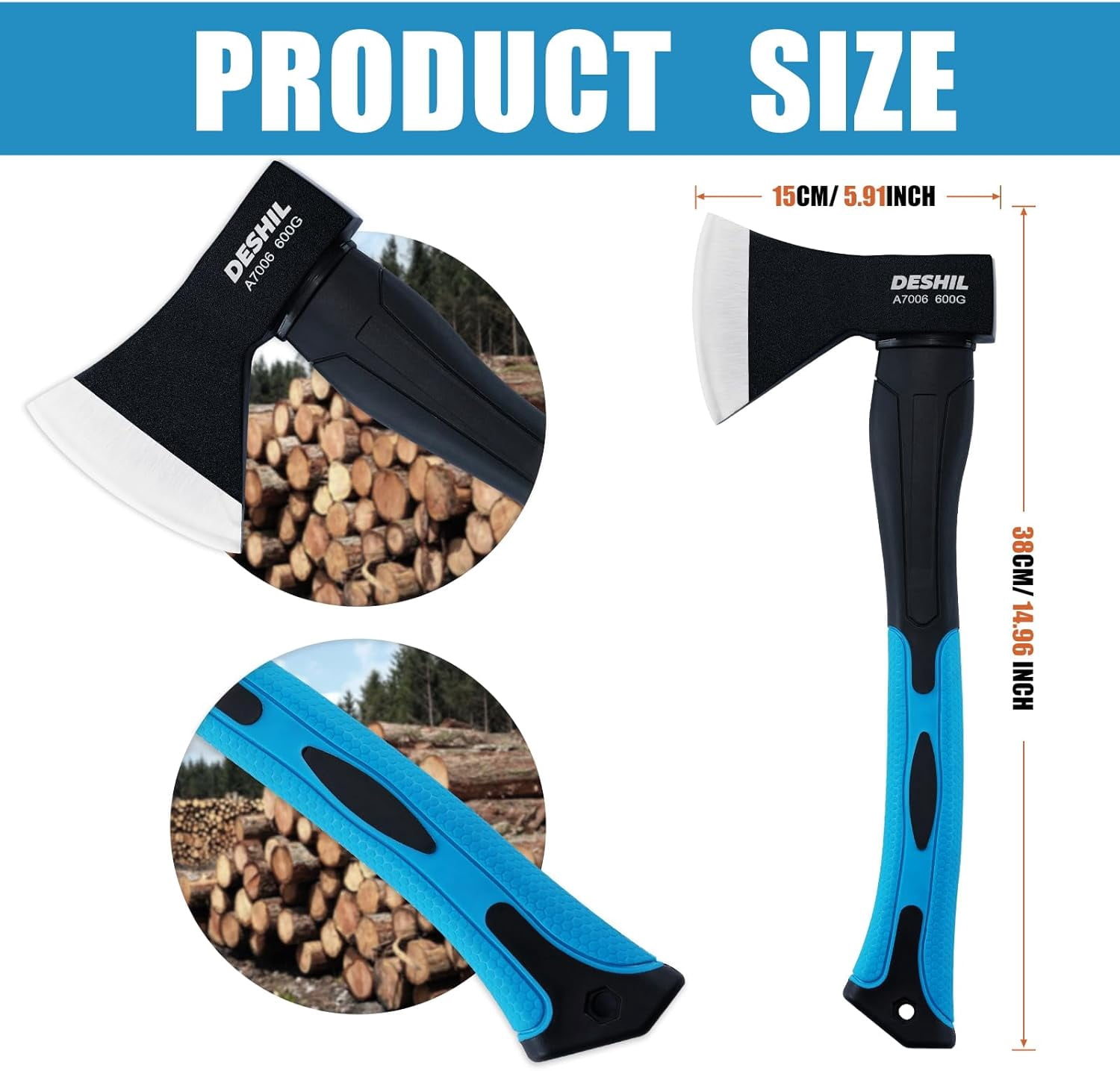 Chopping Axe, 15”Outdoor Hatchet Forged Carbon Steel Heat Ted Hand Maul Tool, Fiberglass Shock Reduction Handle with Anti-Slip Grip, Blue
