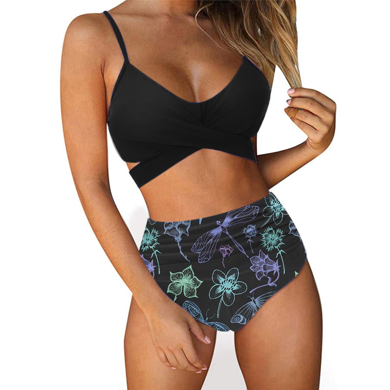 Women Two Piece Vintage Swimsuit Retro Ruched High Waist Bikini with Bottom Tummy Control Cross