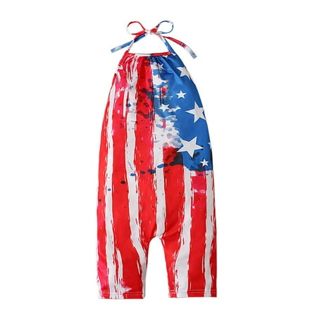 

Honeeladyy Baby Backless Strap Slouch Romper for Toddler Girls American Flag Print Cute Harem Halter Jumpsuit Pants with Pockets Girls Toddler Bodysuit Sports