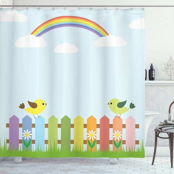 Vintage Rainbow Shower Curtain, Birds on a Colorful Fence on Checkered Squares Gingham Pattern Background, Fabric Bathroom Set with Hooks, 69W X 84L Inches Extra Long, Multicolor, by Ambesonne