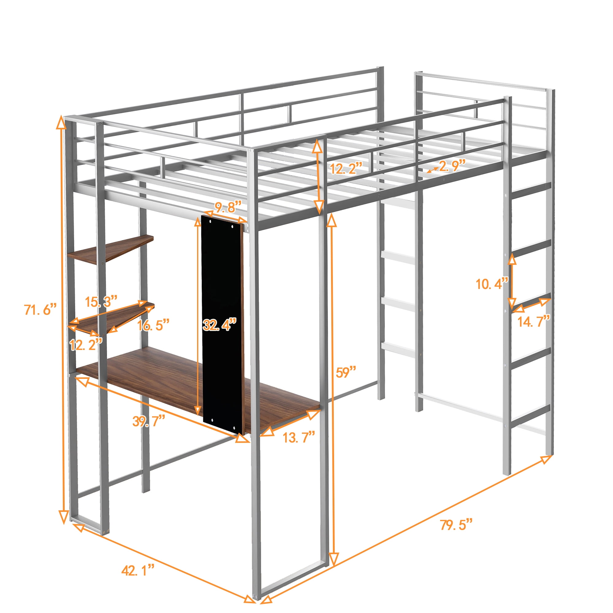 Aukfa Metal Twin Loft Bed with Desk and Shelves for Kids, Teens, Dorm, Double Ladder - Silver