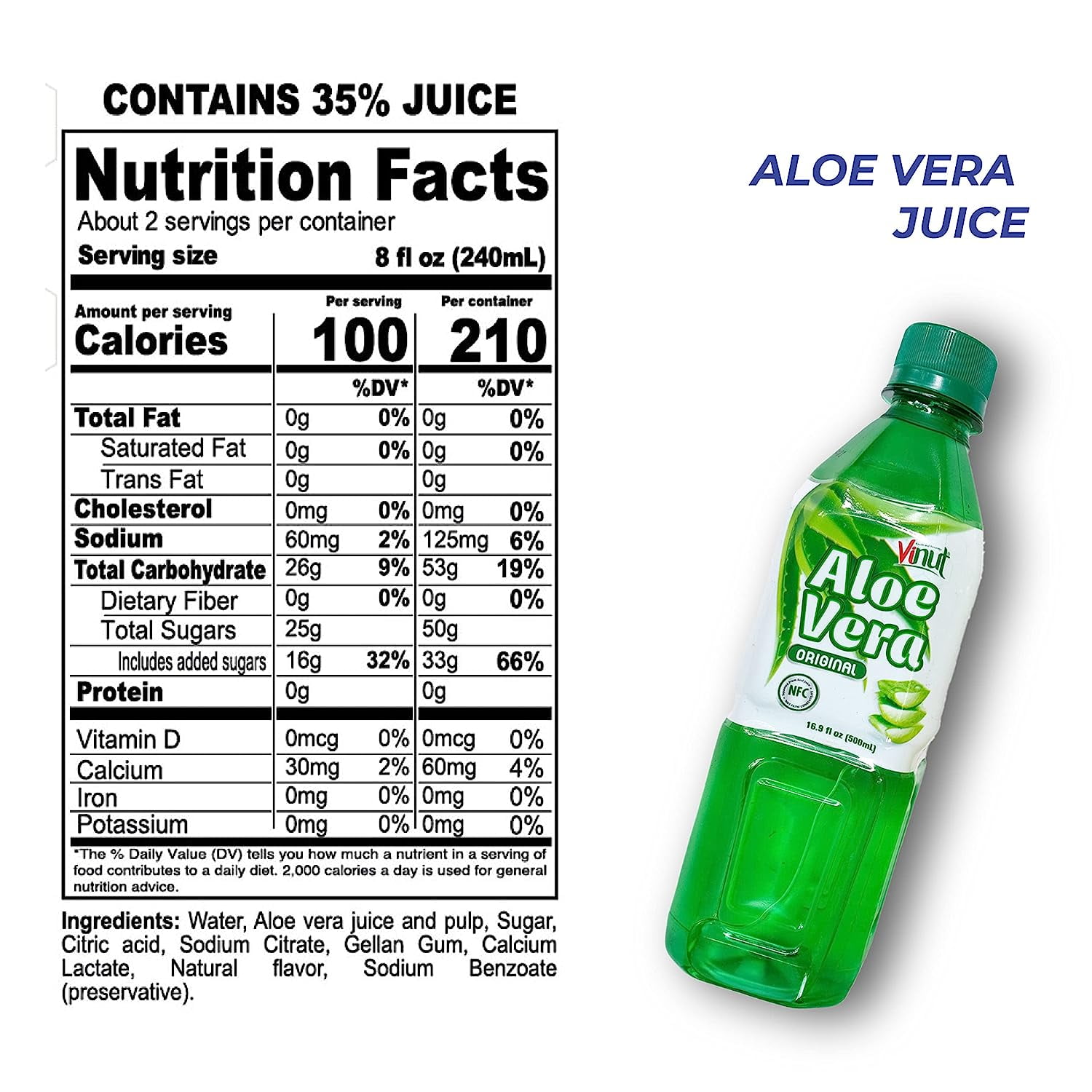 Vinut Aloe Vera Original Flavore Juice- 16.9 fl oz x 12- Fresh - Not From  Concentrate-Rich Source of Calcium, Sodium - Walmart.com