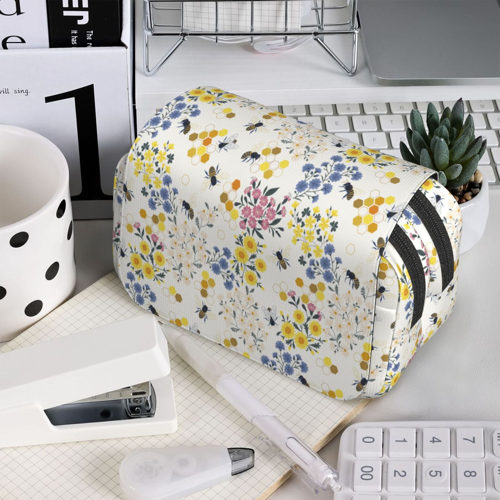 Rateoe Wildflower Honeybee Pattern Double Clamshell Pen Case, Storage Organizer with Two Zipper Compartments– Holds Up to 50 Pencils & Pens