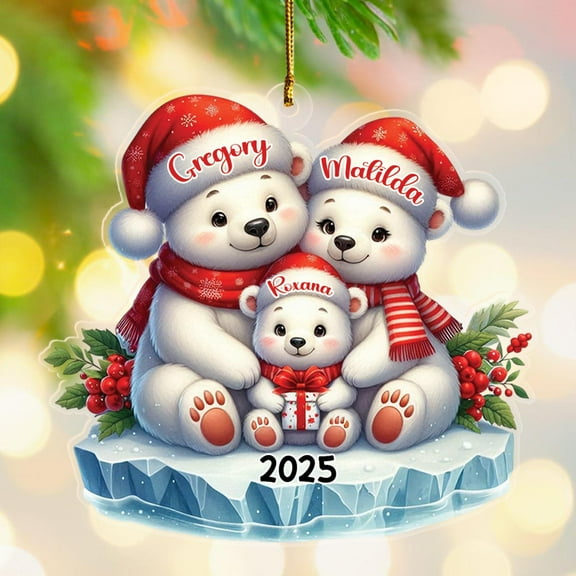 Polar Bear Family of 3 Christmas Ornament 2025, Personalized Families of 3 Shaped Xmas Ornament Gift for Polar Bear Lover, Customized Names Family of Three Ornaments Gift for New Daddy Mommy & Kids