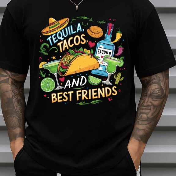 180GSM T-Shirt for Men Funny Casual Short Sleeve Print - Men's Funny Tequila & Tacos Theme T Shirt with Taco Shells Black