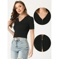 thumbnail image 2 of Unique Bargains Women's V Neck Short Sleeve Zip Front Ribbed Knit Crop Tops L Black, 2 of 6