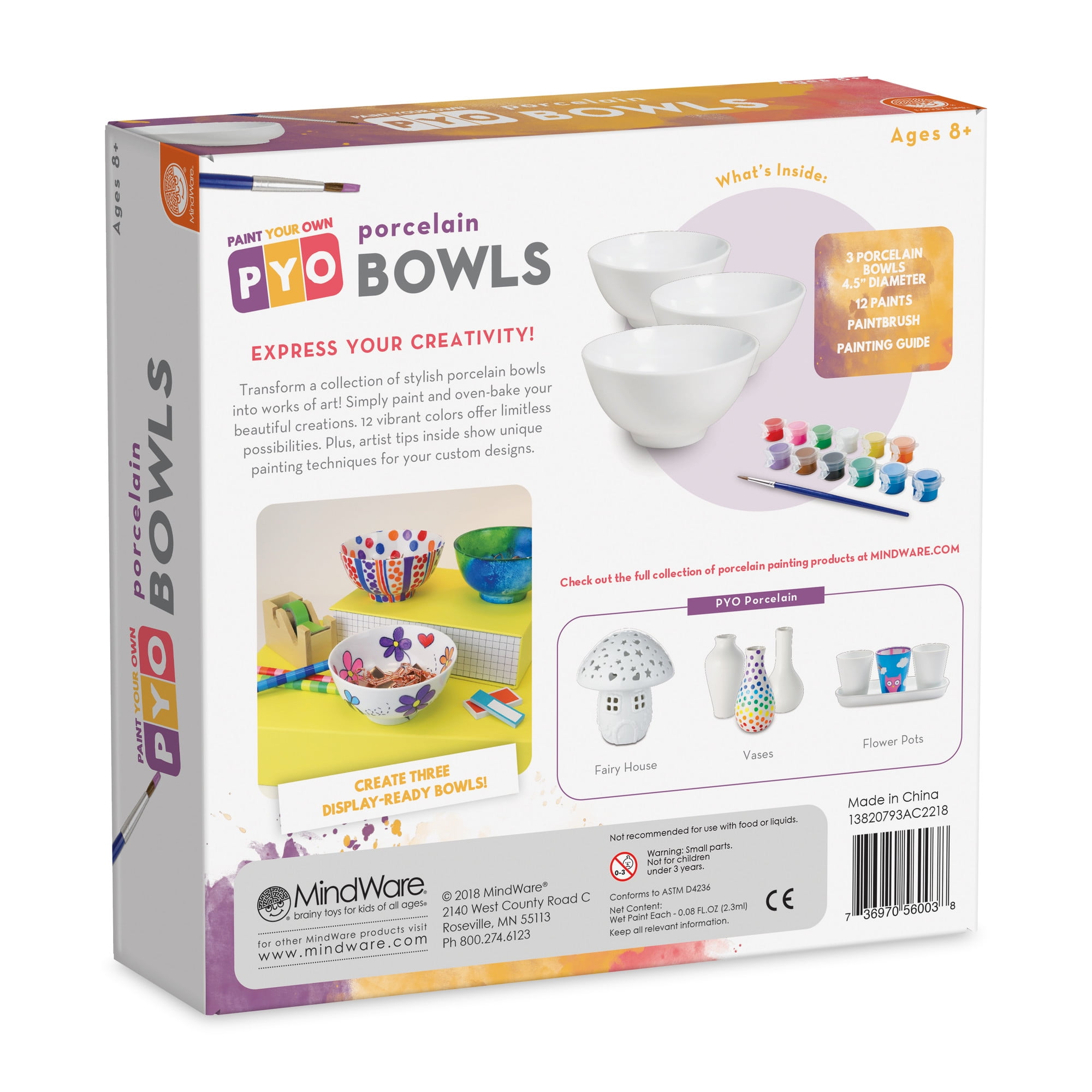 MindWare Paint Your Own Porcelain Bowls, 3 Porcelain Bowls with 4.5” Diameter, Paint, Bake & Display
