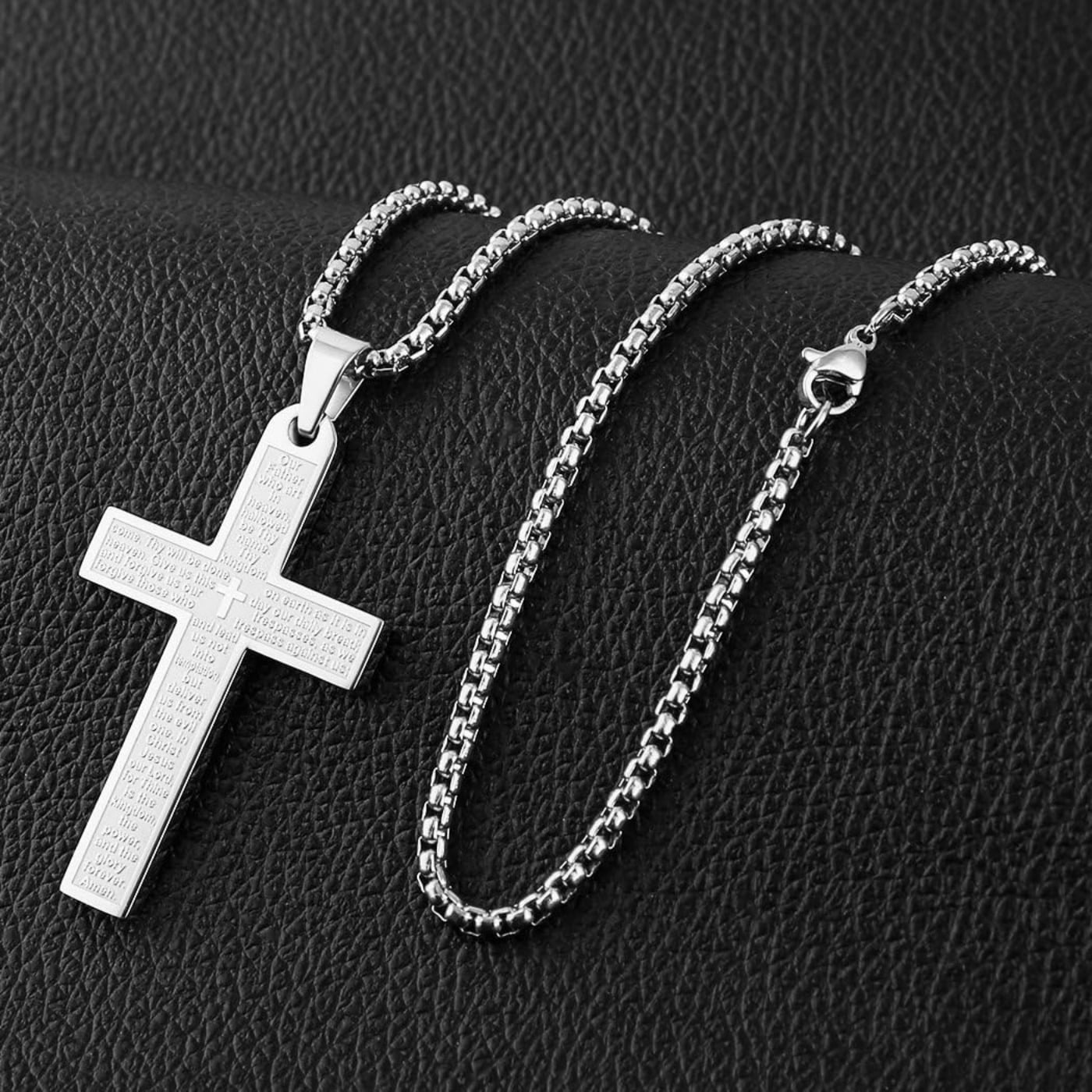 Celvieroot Stainless Steel Mens Womens Cross Necklace Lord's Prayer Pendant, 4 Colors Available