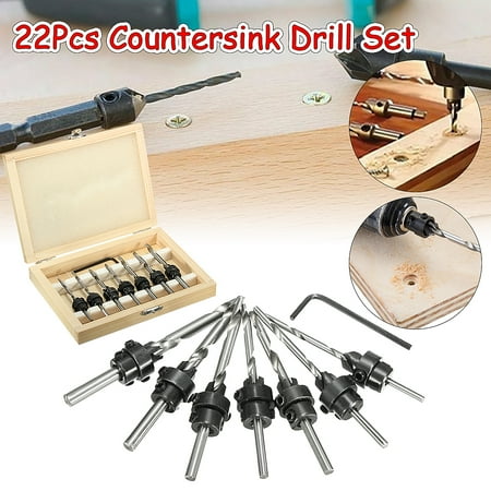 - 22pcs Countersink Drill Bits Set Tapered Stop Collar Wood Hole with Hex Hex Shank key and Wooden Box