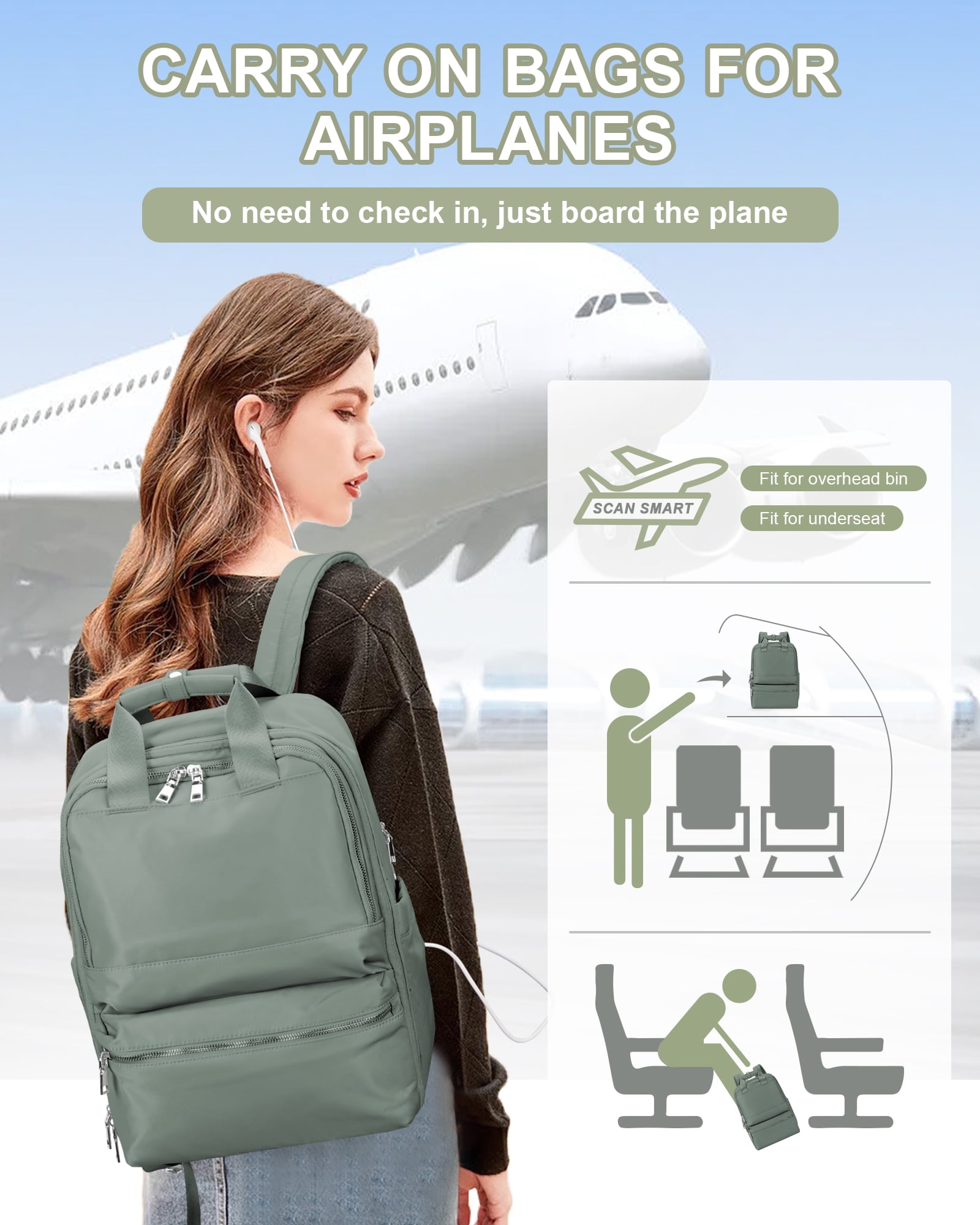 Travel Backpack for Women Men, Airline Approved Carry-On Bags for Airplanes, Green Laptop Personal Item Backpack for Traveling College on Airplane