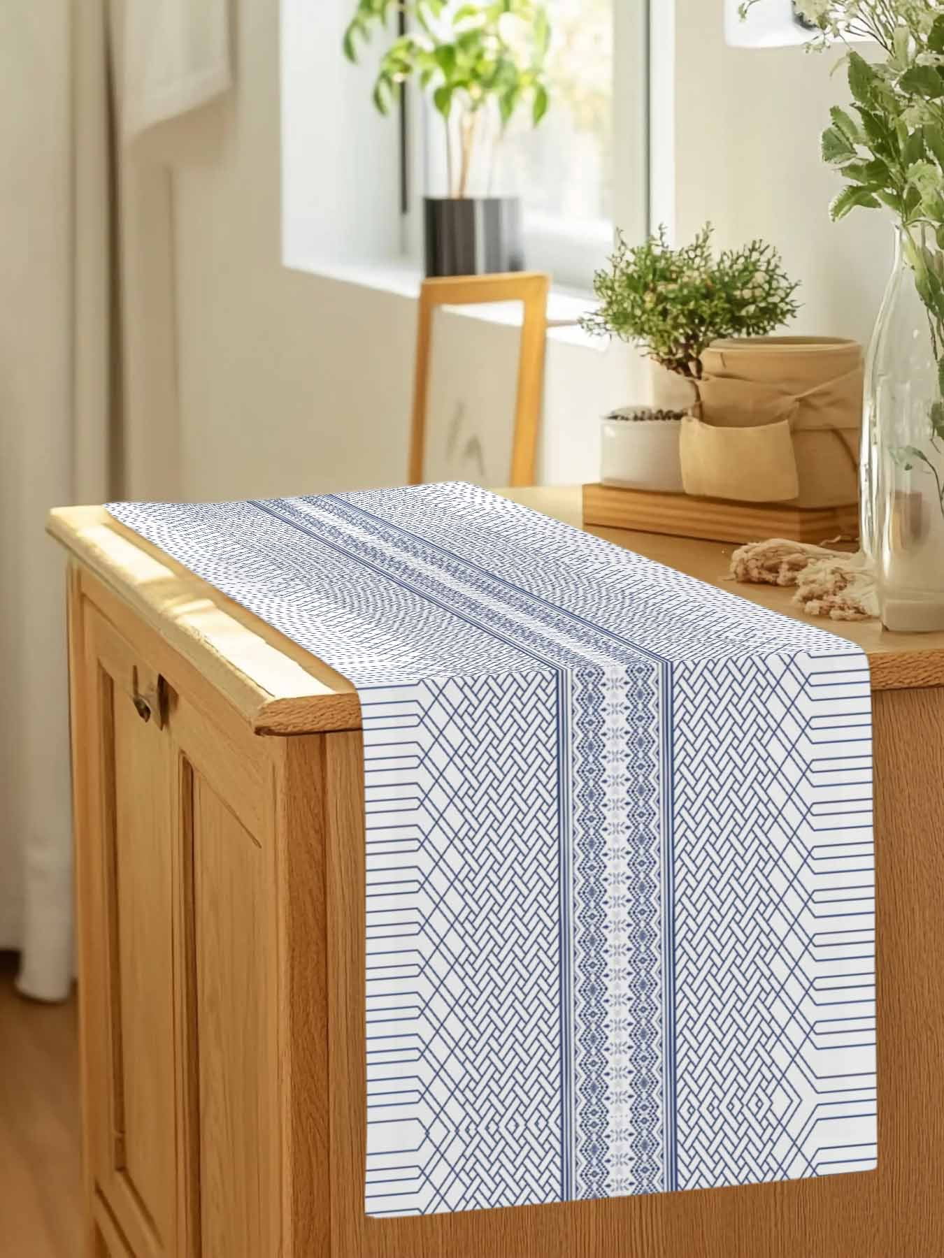 Modern Geometric Stripe Art Table Runner 90 Inches Long, Minimalist Blue Ombre on White Table Runners Tabletop Scarf Kitchen Dining Tables Decoration for Home Party Indoor Outdoor