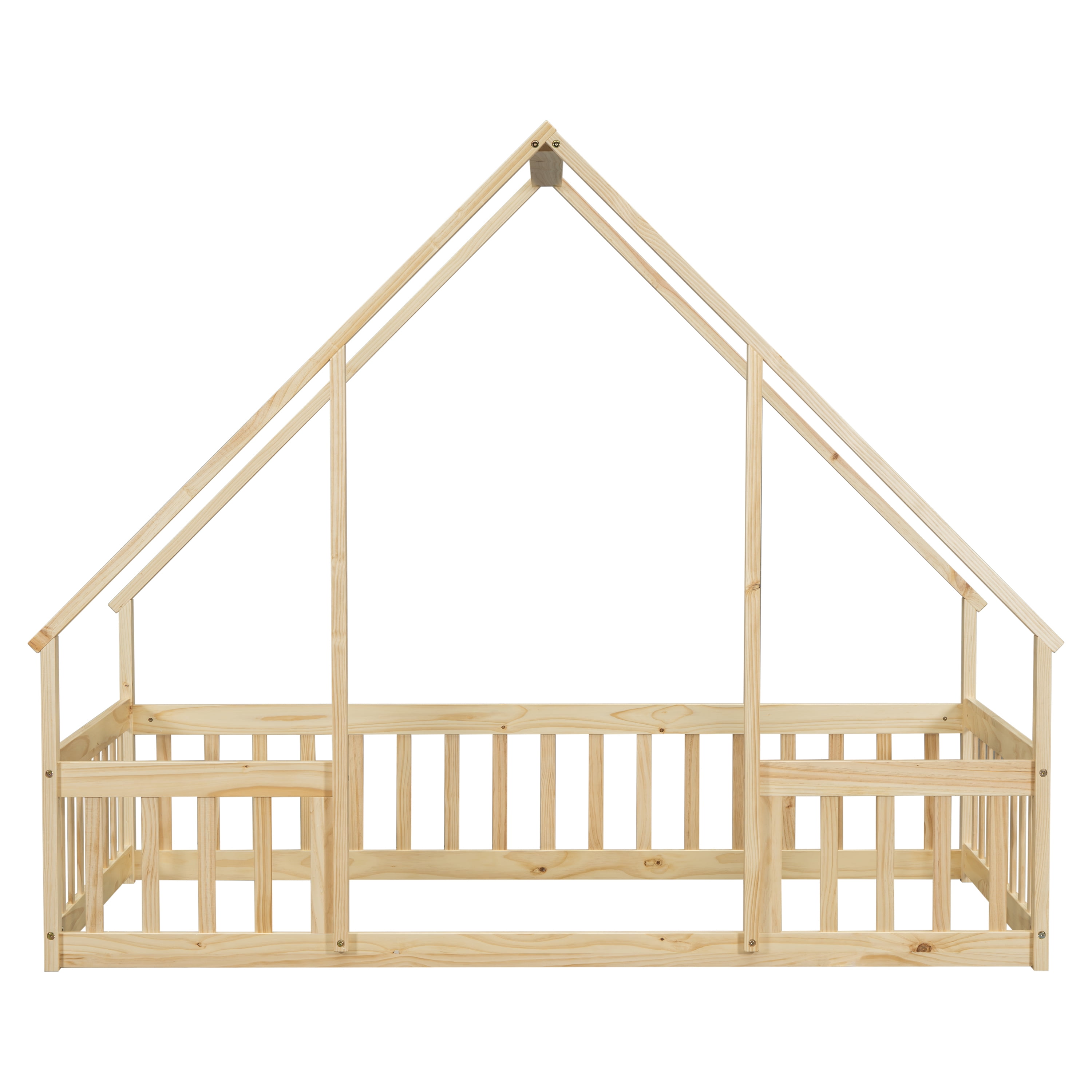 Kumix House-Shaped Floor Bed with Fence Guardrails and Roof, Twin Size Floor Bed Frame for Boys & Girls, Wooden Playhouse Bed Frame, Twin Floor Bed Montessori House Bed Frame, Natural