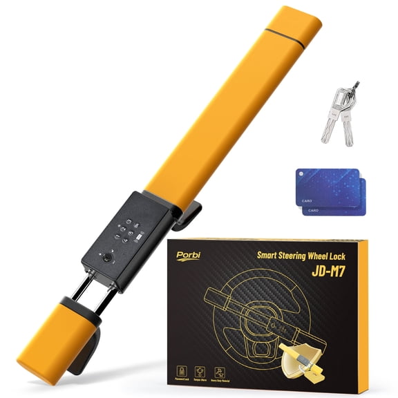Porbi Smart Steering Wheel Lock, Password IC Card & Key Unlocking, Heavy-Duty Anti-Theft Car Device with Alarm, Fits 8.9–16" Wheels for Truck Van SUV Car, Yellow