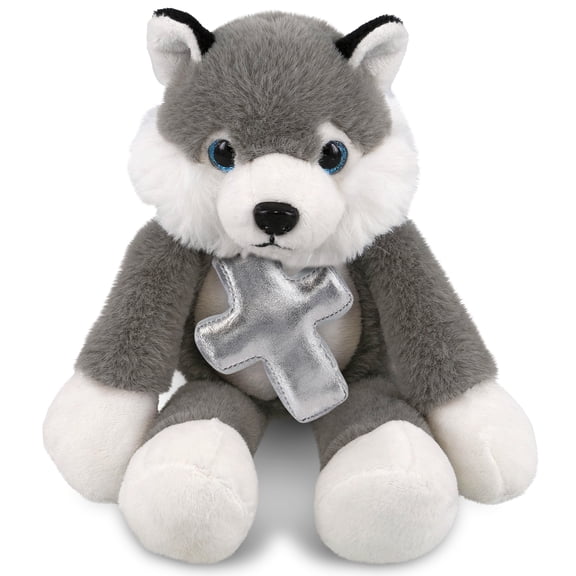 DolliBu Long Leg Husky Stuffed Animal with Silver Cross Plush - Religious Baptism Gifts for Boys and Girls, Cute Baby Dedication Christening Gifts Plush Prayer Toy Healing Teddy Bear - 10.5 Inches