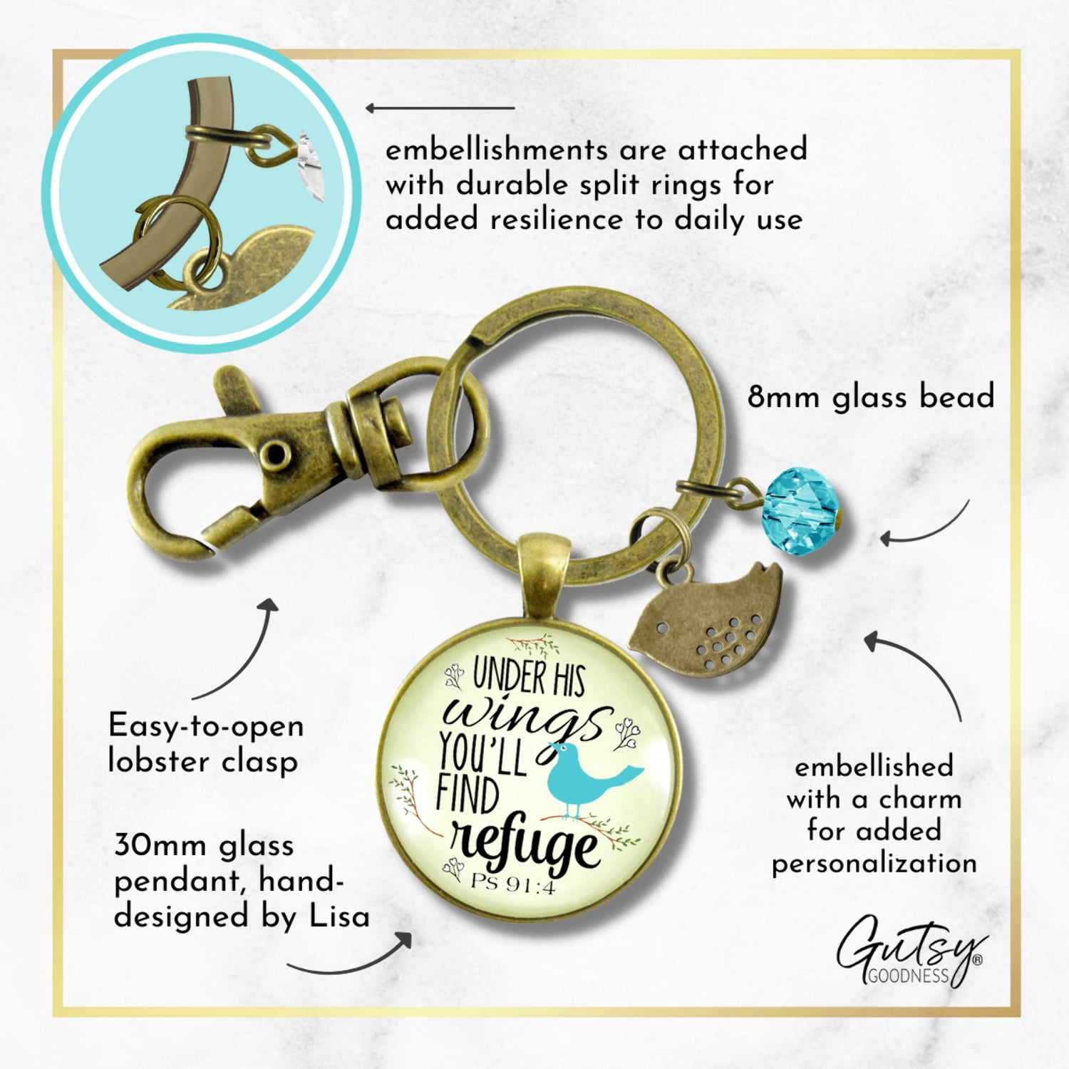 Bible Quote Gutsy Goodness Bronze Keychain Under His Wings Refuge Psalm 91 Promise Jewelry