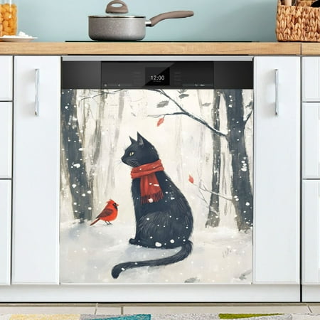 

Ryvnso Cat and Bird in Winter Dishwasher Magnetic Refrigerator Magnet Cover Kitchen Home Decorative 23 x26