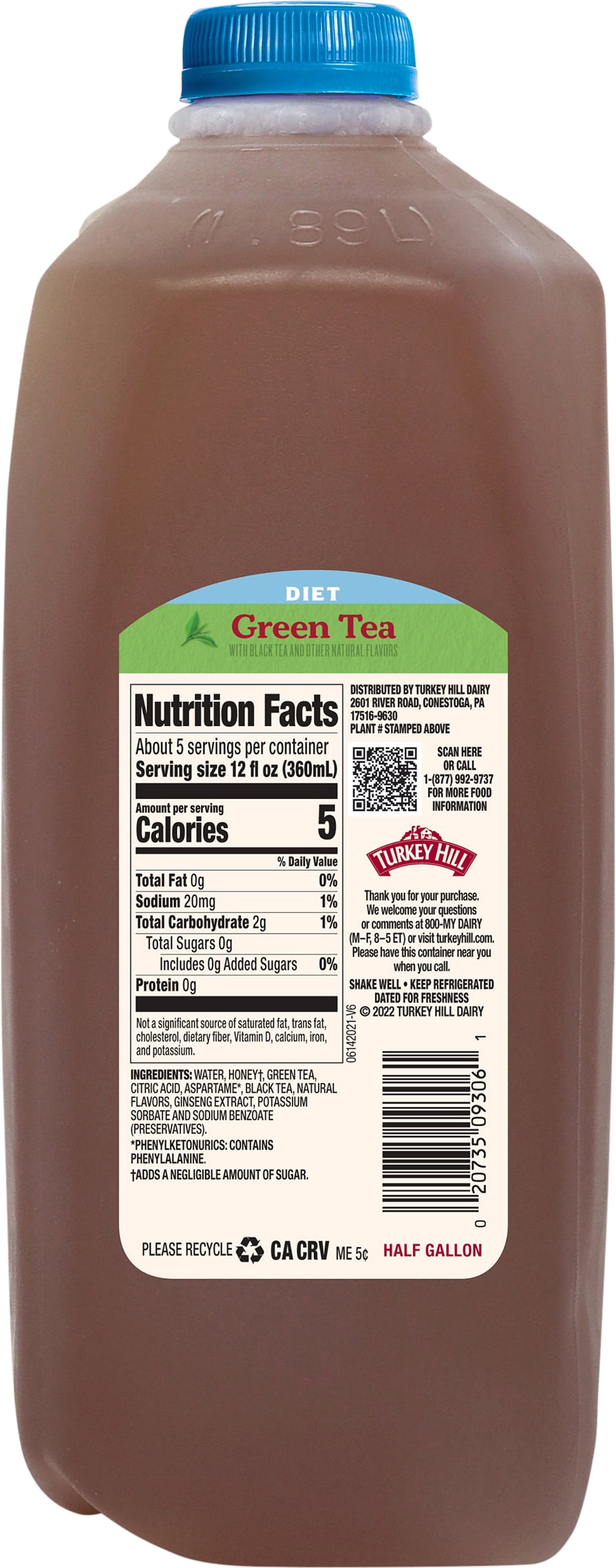 Turkey Hill Diet Tea Green, Half Gallon